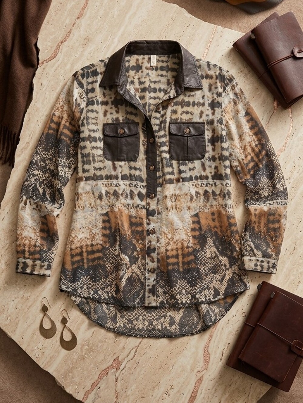 Shoreline Neutral Sheer Snake-Print Blouse with Satin Like Trim